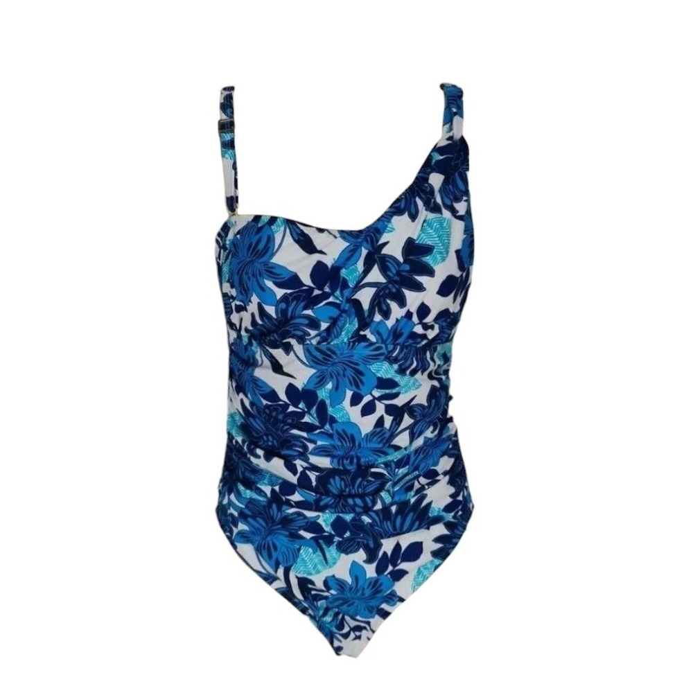 Bleu Rod Beattie One Shoulder Floral One Piece Swimsuit Blue White 6 Beach NWT